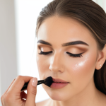 **Close-up of a makeup artist applying bridal makeup. The bride has a soft, radiant glow. Focus on the artist's precision and the delicate details of the makeup application. Soft, natural lighting.**