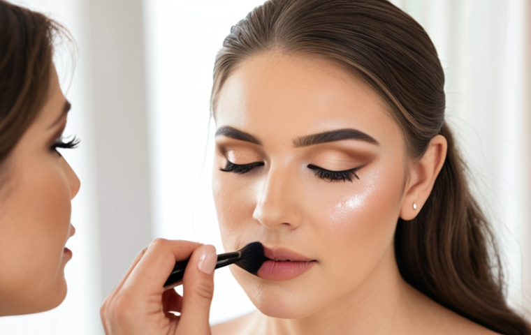 **Close-up of a makeup artist applying bridal makeup. The bride has a soft, radiant glow. Focus on the artist's precision and the delicate details of the makeup application. Soft, natural lighting.**
