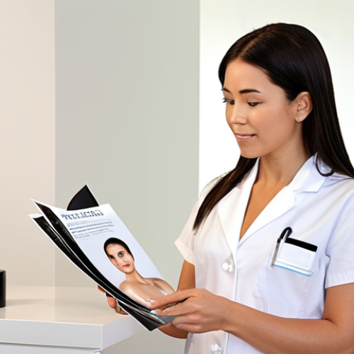 Home 24 **Image Prompt 2:**
A sleek, minimalist medical spa reception area. A knowledgeable and confident Medical Spa Consultant is explaining a skincare treatment plan to a client. She is holding brochures detailing advanced skincare products and procedures. The setting is clean and professional, with a focus on advanced skincare knowledge and treatment expertise. Subtly hint at a higher earning potential with elements suggesting a salary range of $45,000 - $70,000+.