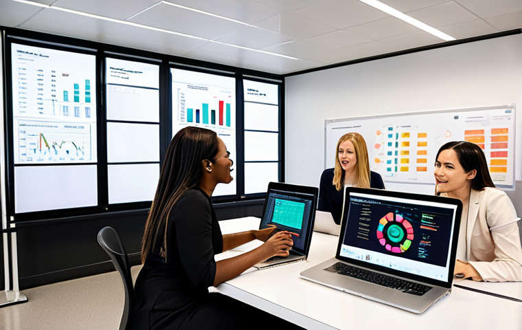 **
A diverse group of beauty consultants collaborating in a modern office space. Some are working on laptops, analyzing charts and graphs displayed on large monitors (KPIs visualization). Others are engaged in a lively brainstorming session, whiteboards covered in ideas, showcasing innovation and teamwork. The overall mood is energetic, data-driven, and creative.
**