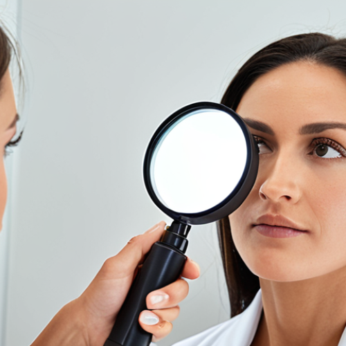 Home 22 **
Close-up of a beauty consultant using a magnifying lamp to examine a client's skin. Focus on the detail of the skin and the consultant's focused expression. Soft, professional lighting. Emphasis on pore size and texture.
**