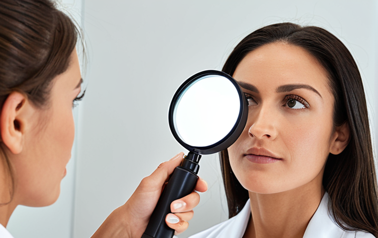 **
Close-up of a beauty consultant using a magnifying lamp to examine a client's skin. Focus on the detail of the skin and the consultant's focused expression. Soft, professional lighting. Emphasis on pore size and texture.
**