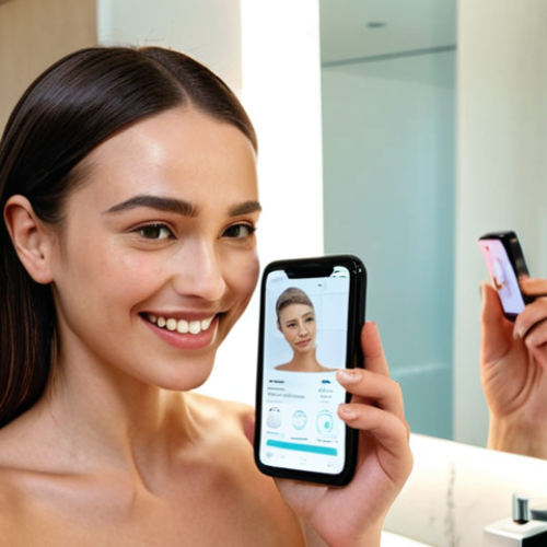 Home 9 **
A woman smiling confidently while using an AI-powered skincare app on her smartphone. The app displays a detailed analysis of her skin, highlighting areas of concern and personalized product recommendations. In the background, a sleek and modern bathroom with various skincare products is visible. Focus on conveying a sense of technological advancement and personalized beauty.
**