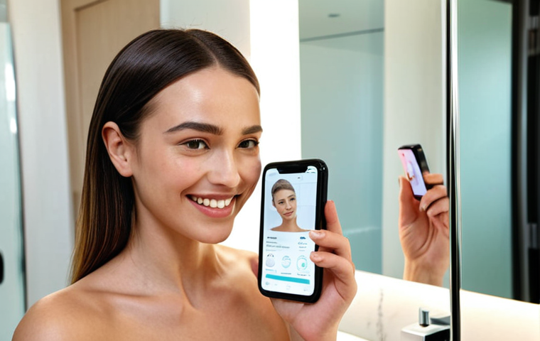 **
A woman smiling confidently while using an AI-powered skincare app on her smartphone. The app displays a detailed analysis of her skin, highlighting areas of concern and personalized product recommendations. In the background, a sleek and modern bathroom with various skincare products is visible. Focus on conveying a sense of technological advancement and personalized beauty.
**