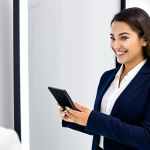A professional female beauty consultant, fully clothed in a modest business casual outfit, demonstrating a virtual try-on application on a tablet to a female client. The client, also fully clothed in appropriate attire, smiles naturally as she views her reflection with a virtual makeup look. They are in a modern, brightly lit beauty boutique with clean white walls and subtle digital displays. The atmosphere is professional and engaging. Perfect anatomy, correct proportions, natural pose, well-formed hands, proper finger count, natural body proportions, safe for work, appropriate content, professional, family-friendly, high-quality photography.