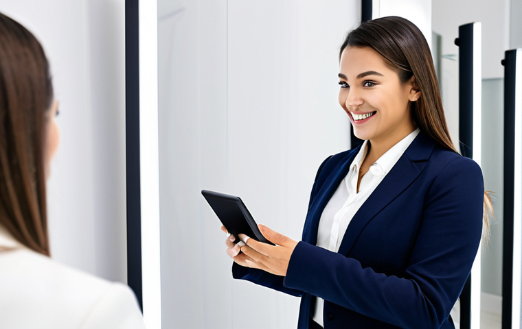 A professional female beauty consultant, fully clothed in a modest business casual outfit, demonstrating a virtual try-on application on a tablet to a female client. The client, also fully clothed in appropriate attire, smiles naturally as she views her reflection with a virtual makeup look. They are in a modern, brightly lit beauty boutique with clean white walls and subtle digital displays. The atmosphere is professional and engaging. Perfect anatomy, correct proportions, natural pose, well-formed hands, proper finger count, natural body proportions, safe for work, appropriate content, professional, family-friendly, high-quality photography.