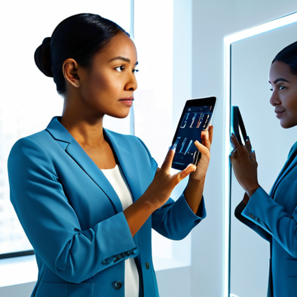 A professional woman, diverse ethnicity, in a modest business casual outfit, standing in a clean, brightly lit modern beauty tech lab. She is looking at a futuristic smart mirror or tablet, which displays a detailed AI-generated skin analysis overlay on her reflection. The screen shows data points like hydration levels and skin texture. The setting is sterile and high-tech, with subtle glowing interfaces. The image conveys innovation and precision. safe for work, appropriate content, fully clothed, professional dress, perfect anatomy, correct proportions, natural pose, well-formed hands, proper finger count, natural body proportions, high-quality, ultra-realistic.