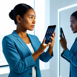 A professional woman, diverse ethnicity, in a modest business casual outfit, standing in a clean, brightly lit modern beauty tech lab. She is looking at a futuristic smart mirror or tablet, which displays a detailed AI-generated skin analysis overlay on her reflection. The screen shows data points like hydration levels and skin texture. The setting is sterile and high-tech, with subtle glowing interfaces. The image conveys innovation and precision. safe for work, appropriate content, fully clothed, professional dress, perfect anatomy, correct proportions, natural pose, well-formed hands, proper finger count, natural body proportions, high-quality, ultra-realistic.