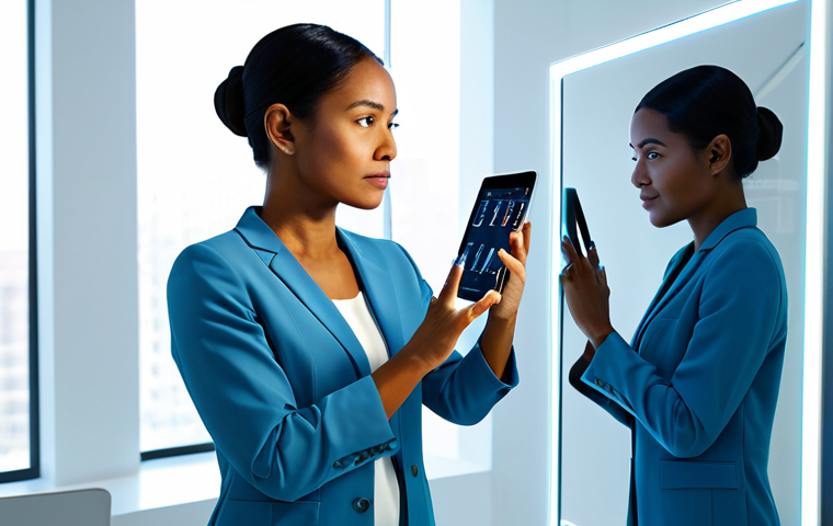 A professional woman, diverse ethnicity, in a modest business casual outfit, standing in a clean, brightly lit modern beauty tech lab. She is looking at a futuristic smart mirror or tablet, which displays a detailed AI-generated skin analysis overlay on her reflection. The screen shows data points like hydration levels and skin texture. The setting is sterile and high-tech, with subtle glowing interfaces. The image conveys innovation and precision. safe for work, appropriate content, fully clothed, professional dress, perfect anatomy, correct proportions, natural pose, well-formed hands, proper finger count, natural body proportions, high-quality, ultra-realistic.