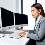 A professional female beauty consultant, fully clothed in a modest, modern business suit, is seated at a sleek white desk in a bright, contemporary studio. She is actively engaging with a large computer monitor displaying website analytics and social media content, with a high-quality camera and ring light subtly in the background. Her expression is focused and knowledgeable, conveying strategic thinking and digital brand building. Perfect anatomy, correct proportions, natural pose, well-formed hands, proper finger count, natural body proportions. Professional photography, high detail, studio lighting. Safe for work, appropriate content, fully clothed, family-friendly.