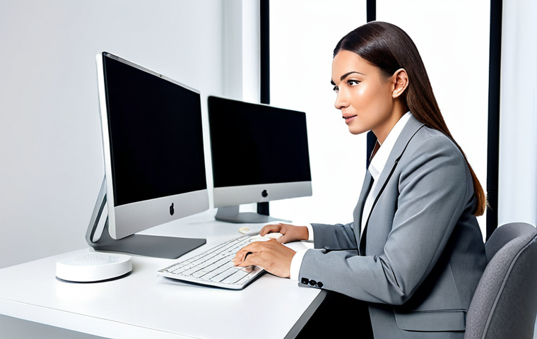 A professional female beauty consultant, fully clothed in a modest, modern business suit, is seated at a sleek white desk in a bright, contemporary studio. She is actively engaging with a large computer monitor displaying website analytics and social media content, with a high-quality camera and ring light subtly in the background. Her expression is focused and knowledgeable, conveying strategic thinking and digital brand building. Perfect anatomy, correct proportions, natural pose, well-formed hands, proper finger count, natural body proportions. Professional photography, high detail, studio lighting. Safe for work, appropriate content, fully clothed, family-friendly.