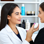 **

A beauty consultant in a bright, modern studio, advising a client on skincare. The consultant is demonstrating a product on the client's hand, with various skincare products displayed on shelves in the background. The scene exudes professionalism and personalized care. Both are fully clothed in stylish, modest attire. Perfect anatomy, correct proportions, natural pose, safe for work, appropriate content, family-friendly, professional setting.

**
