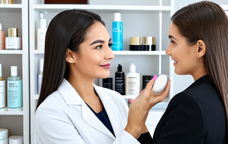 **
A beauty consultant in a bright, modern studio, advising a client on skincare. The consultant is demonstrating a product on the client's hand, with various skincare products displayed on shelves in the background. The scene exudes professionalism and personalized care. Both are fully clothed in stylish, modest attire. Perfect anatomy, correct proportions, natural pose, safe for work, appropriate content, family-friendly, professional setting.
**