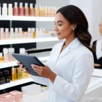 뷰티컨설턴트 경력직 면접 대비 - A professional female beauty consultant, in her early 30s, wearing a stylish and modest uniform, sta...