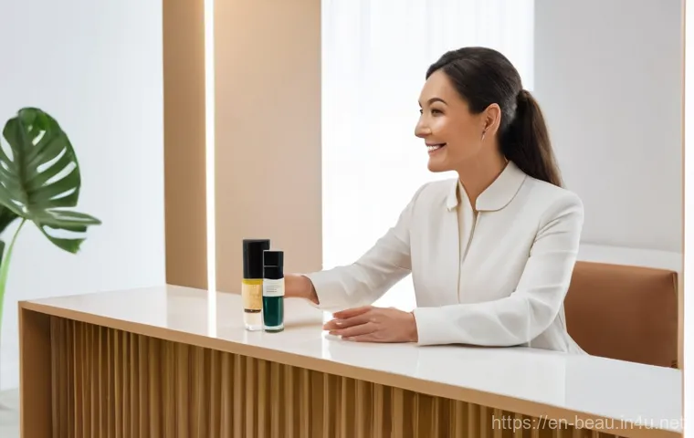 뷰티컨설턴트 경력직 면접 대비 - A professional female beauty consultant, in her early 30s, wearing a stylish and modest uniform, sta...