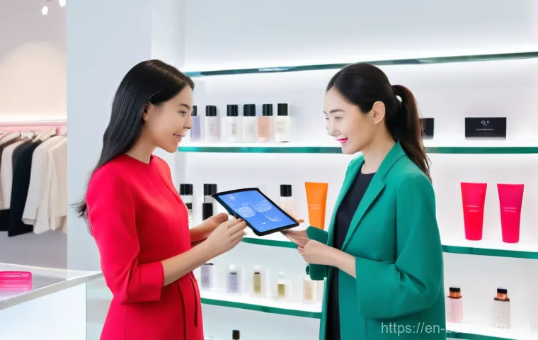 뷰티컨설턴트 경력직 면접 대비 - A warm and empathetic female beauty consultant, in her mid-30s, impeccably dressed in a chic, conser...