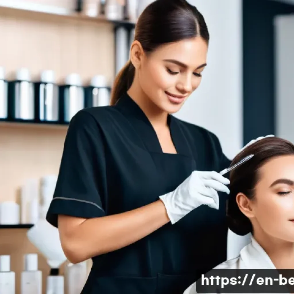 뷰티컨설턴트 최신 시험 가이드 - A professional beauty consultant in a modern salon setting, wearing clean and stylish professional a...