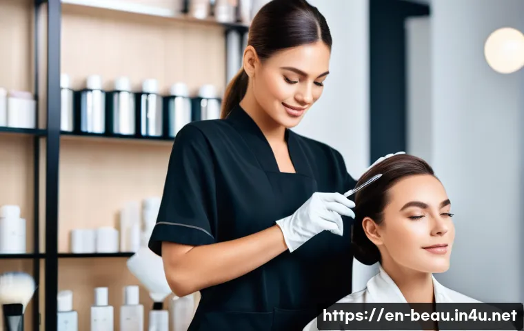 뷰티컨설턴트 최신 시험 가이드 - A professional beauty consultant in a modern salon setting, wearing clean and stylish professional a...