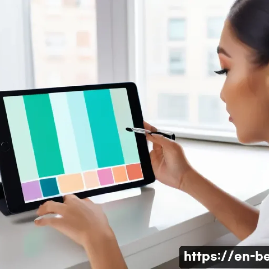 뷰티컨설턴트 관련 학습 도구 소개 - A young woman practicing makeup application using a virtual makeup simulation app on a sleek tablet,...