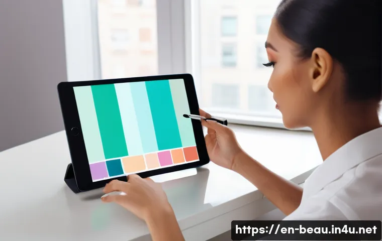 뷰티컨설턴트 관련 학습 도구 소개 - A young woman practicing makeup application using a virtual makeup simulation app on a sleek tablet,...