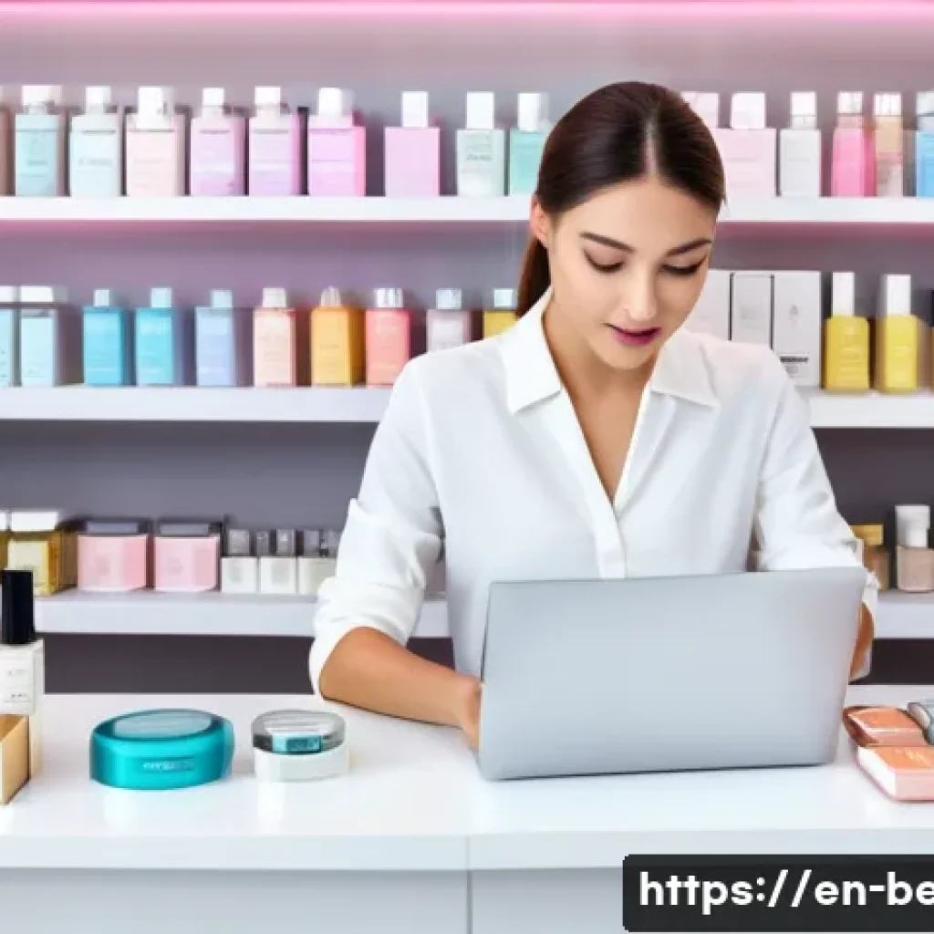 뷰티컨설턴트 자격증 실전 팁 - A modern beauty consultant study scene featuring a young adult woman sitting at a sleek desk filled ...