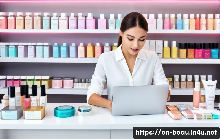 뷰티컨설턴트 자격증 실전 팁 - A modern beauty consultant study scene featuring a young adult woman sitting at a sleek desk filled ...