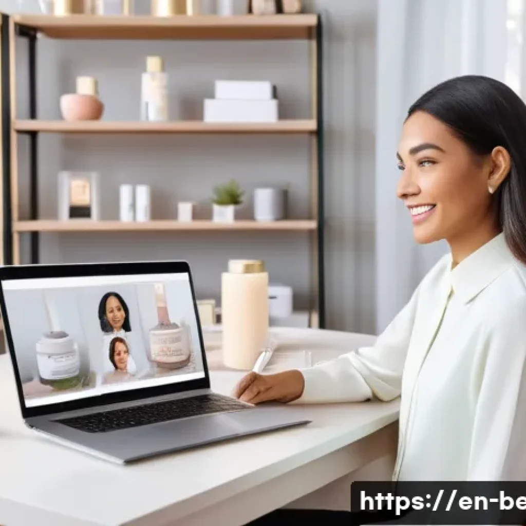 뷰티컨설턴트 마케팅 활용법 - A modern beauty consultant conducting a personalized virtual skincare consultation via video call on...