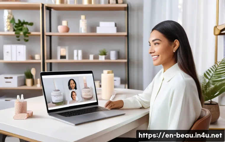 뷰티컨설턴트 마케팅 활용법 - A modern beauty consultant conducting a personalized virtual skincare consultation via video call on...