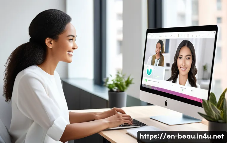 뷰티컨설턴트 관련 업계 동향 연구 - A modern beauty consultant conducting a virtual skincare consultation via a sleek laptop in a bright...