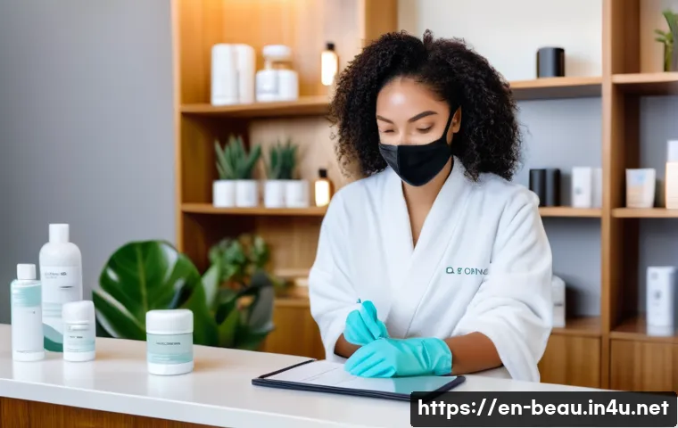 뷰티컨설턴트 시험 난이도 - A professional skincare consultation scene in a modern spa setting, featuring a diverse female esthe...