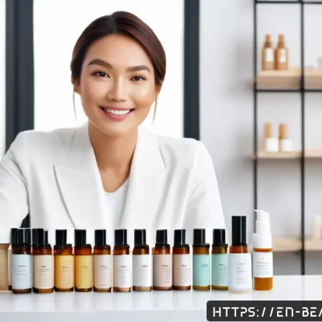뷰티컨설턴트 인플루언서 활용법 - A professional beauty consultant influencer in a well-lit modern studio setting, wearing stylish but...