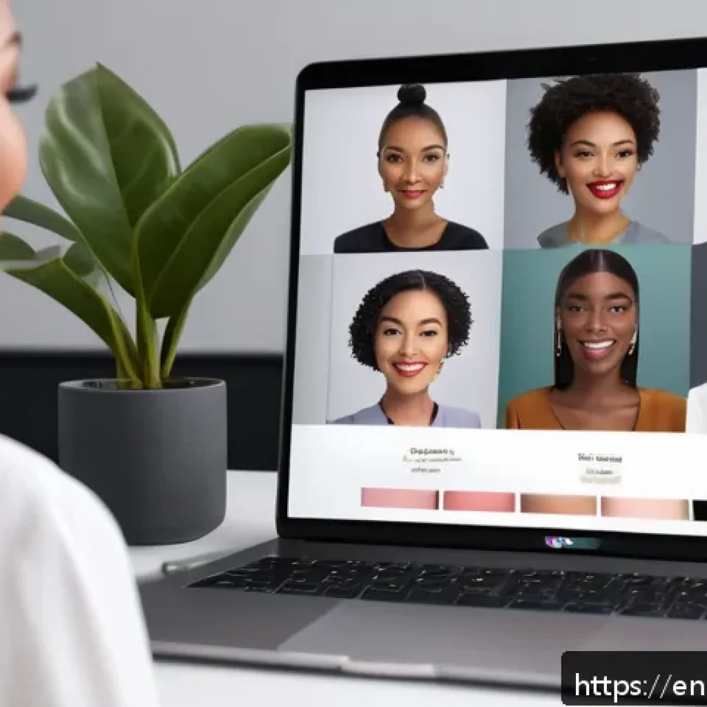 뷰티컨설턴트 관련 산업 조사 사례 - A modern beauty consultant conducting a virtual consultation with a diverse client visible on a slee...