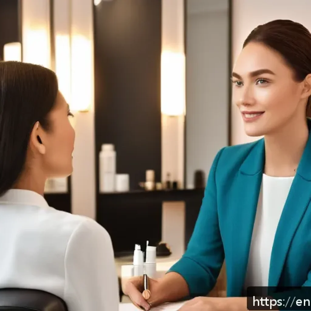 뷰티컨설턴트 직무 코칭 후기 - A professional beauty consultant attentively listening to a diverse female client in a modern, brigh...