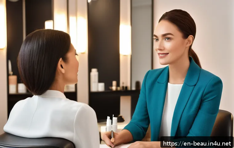 뷰티컨설턴트 직무 코칭 후기 - A professional beauty consultant attentively listening to a diverse female client in a modern, brigh...