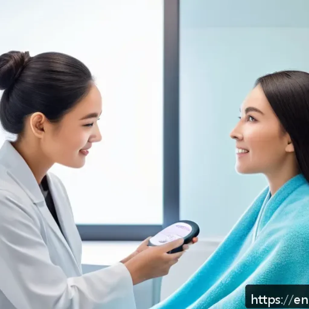 뷰티컨설턴트 필수 도구 리뷰 - A modern beauty consultant using a sleek digital skin analyzer device on a female client’s face in a...