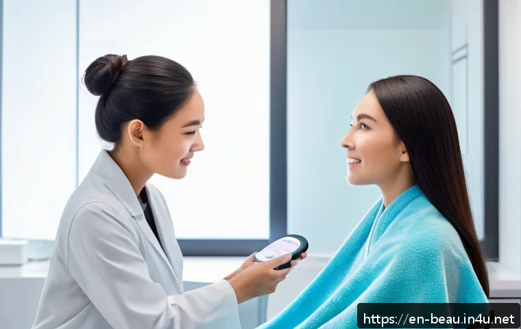 뷰티컨설턴트 필수 도구 리뷰 - A modern beauty consultant using a sleek digital skin analyzer device on a female client’s face in a...