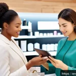 Home 23 뷰티컨설턴트 조직 내 주요 역할 사례 - A professional beauty consultant attentively listening to a diverse female client in a modern, upsca...