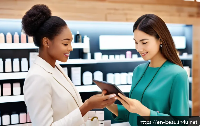 뷰티컨설턴트 조직 내 주요 역할 사례 - A professional beauty consultant attentively listening to a diverse female client in a modern, upsca...