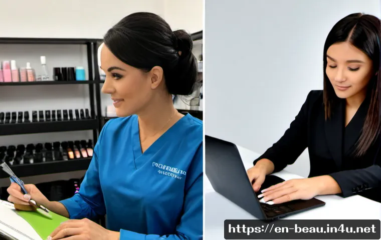 Home 17 뷰티컨설턴트 인증 과정 비교 - Photorealistic split-scene comparison of two beauty consultant certification pathways: on the left, ...