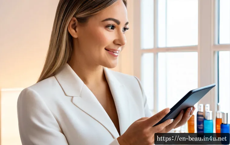 뷰티컨설턴트 고객 후기 관리 - Photorealistic beauty consultant in a bright, elegant studio reviewing customer feedback on a tablet...